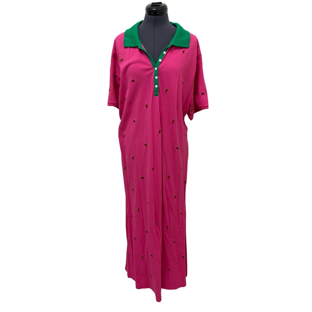 Quacker Factory 2X Pink Watermelon Embroidered Novelty Polo Maxi Dress VTG 2X